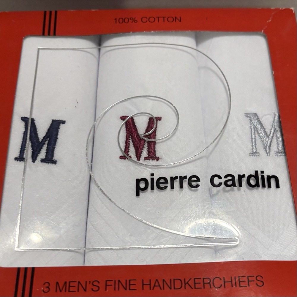 Pierre Cardin 100% Cotton Handkerchiefs (3) Monogrammed Letter M NEW IN BOX